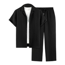 Men's 2 Piece Outfit Button Down Short Sleeve Loose Pants Set Summer Beach Va...