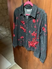 Chico's Design Sz 2. Lg Black Denim Jean Jacket with Red ASIAN Embroidery