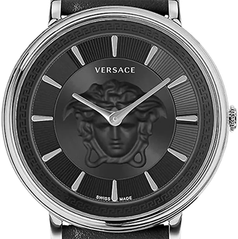 Versace VE8102619 V Circle Lady argento nero pelle orologio da polso donna NUOVO