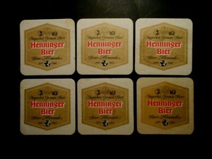 (6) COCKTAIL / DRINK / BEER COASTERS HENNINGER BIER 2 sided used 3 5/8" X 3 5/8"