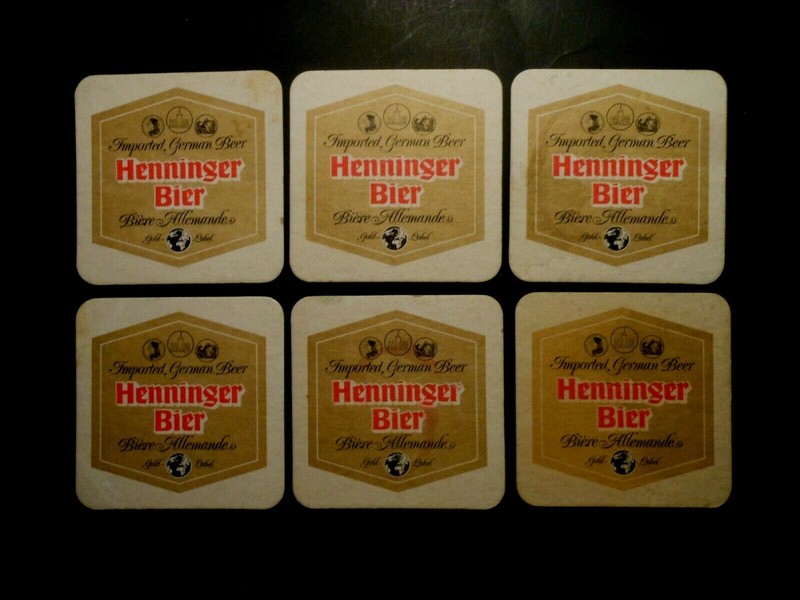 (6) COCKTAIL / DRINK / BEER COASTERS HENNINGER BIER 2 sided used 3 5/8" X 3 5/8"
