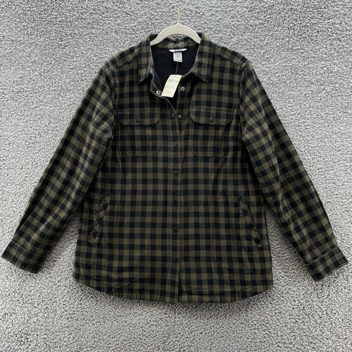 Duluth Jacket Womens Medium Green Black Buffalo Check Lined Flannel Shirt Jac