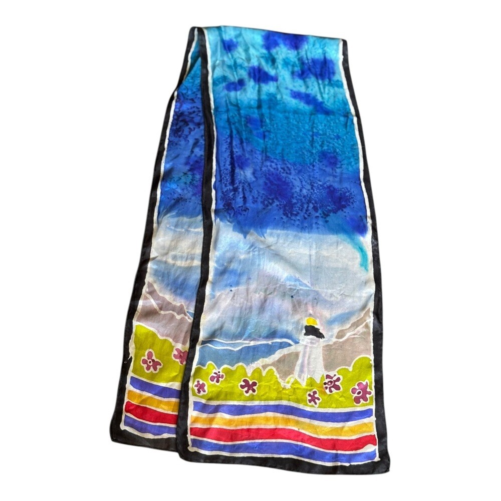 Adele Blue Multicolor Silk Scarf with Lighthouse … - image 1