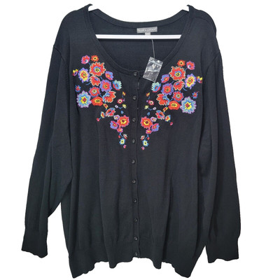 Jessica London Sweater Womens Plus 30 32 Embroidered Multicolor Flowers Button