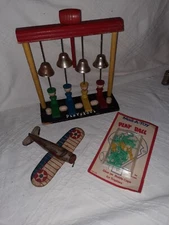 Vintage toy Lot Rare Wooden Playskool Musical Piano Keys Tin Airplane Baseball