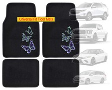 4pc Butterfly Neon Purple Green Car Truck Black All Weather Carpet Floor Mats