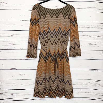 Sharagano Brown/Tan Boho Chevron Long Sleeve Belted Shift Dress Size 4 /  Small | eBay