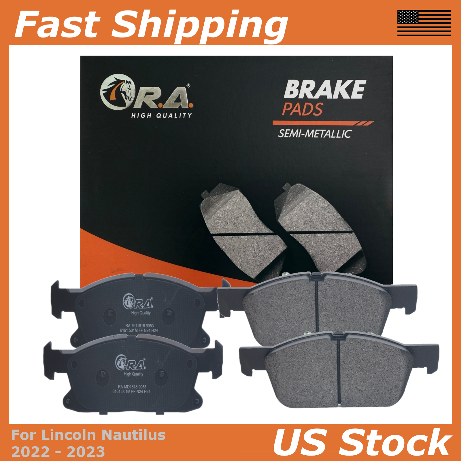 Front Disc Brake Pads for 2022 2023 Lincoln NAUTILUS with Solid Rotors ONLY