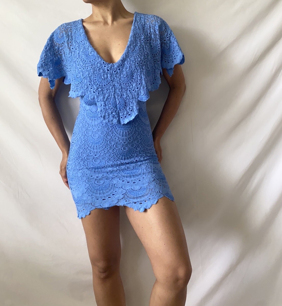 nightcap Spanish lace poncho mini dress cornflower blue small nightcap Spanish lace poncho mini dress cornflower blue small
