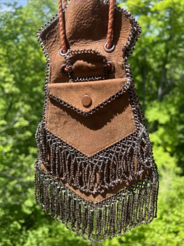 Antique vintage leather beaded folding drawstring 