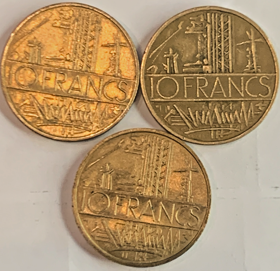 Lettered Edge 1974-1987 French 10 Francs Coin - 3Pcs = 2x1976
