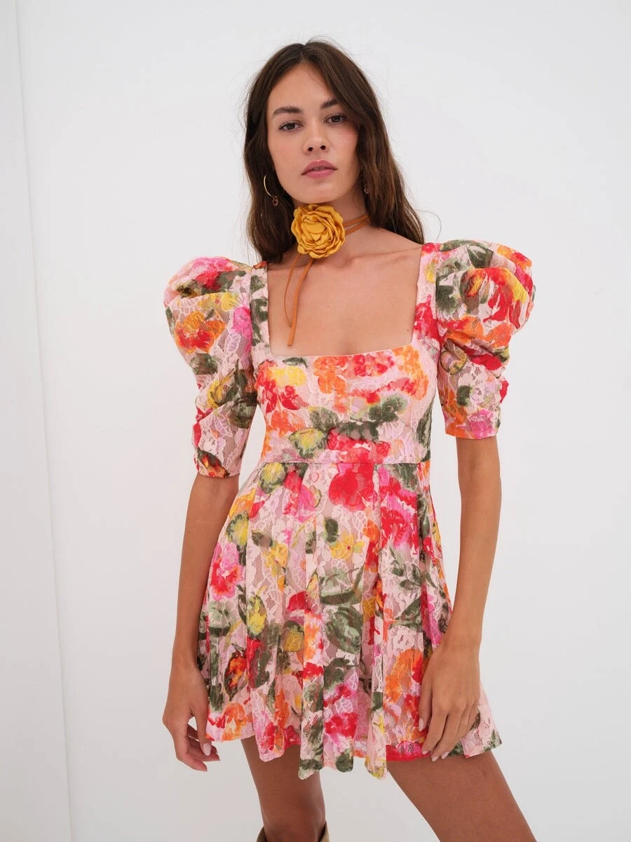 $252 NWT For Love & Lemons Dascha Puff Sleeve Floral Mini Dress Size Small
