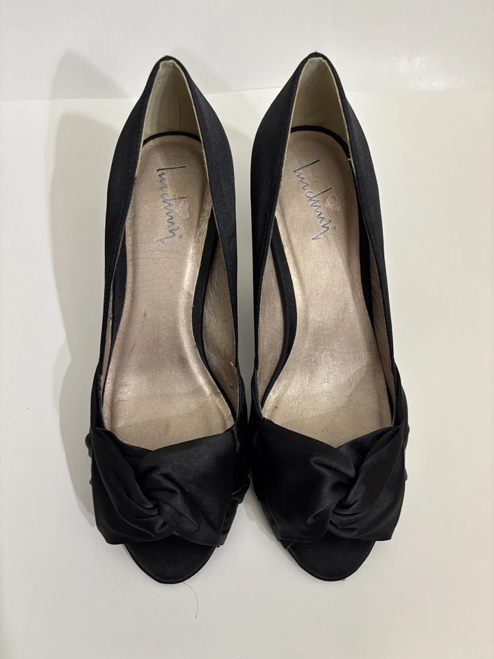 Luichiny Black Satin Open Toe With Bow Kitten Heel Pumps size 7 - Image 2 of 4