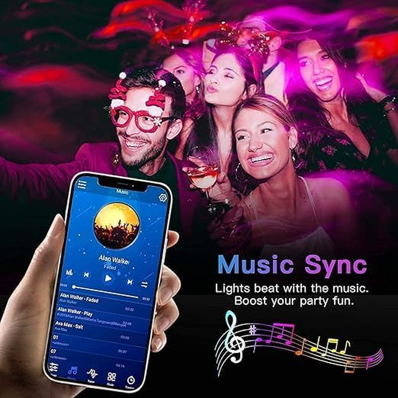 100Ft LED Strip Lights, Music Sync Bluetooth RGB Color Changing Remote ...