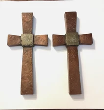 Old Arts and Crafts Style? Copper Clad Tooled Wall Cross Pair