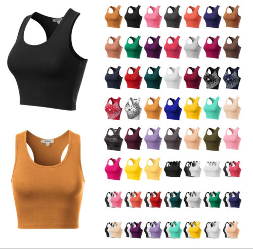 MixMatchy Cotton Basic Sleeveless Racerback Sports Crop Tank Top - Picture 1 of 37