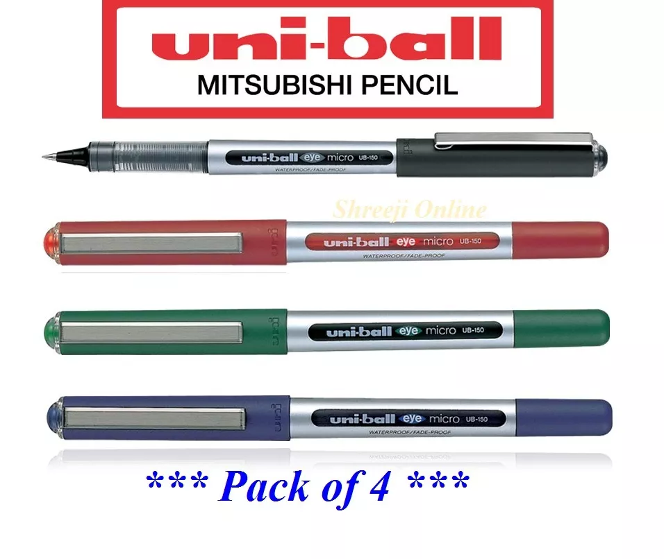 4 x UNI BALL EYE MICRO UB-150 Rollerball Pen Black Blue Red Green Colour