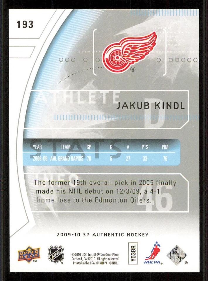 2009-10 SP Authentic #193 Jakub Kindl RC /999 - Image 2 of 2
