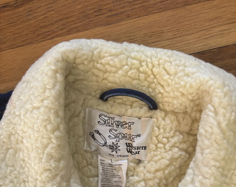 Vintage Silver Spur Jacket Women Large Blue Denim Snap Front Sherpa Lined - Image 3 of 4