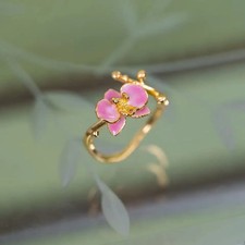 Pink Enamel Flower Ring Adjustable Retro Open Statement Band Design Rings