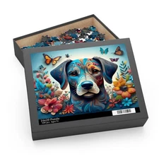Cute Blue Dog Face Puzzle 500-Piece | Floral Dog Puzzle 500-Piece Ages 9+