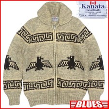 Made In Canada Kanata Men'S L Cowichan Sweater Gray Thunderbird Wool Knit Cardig