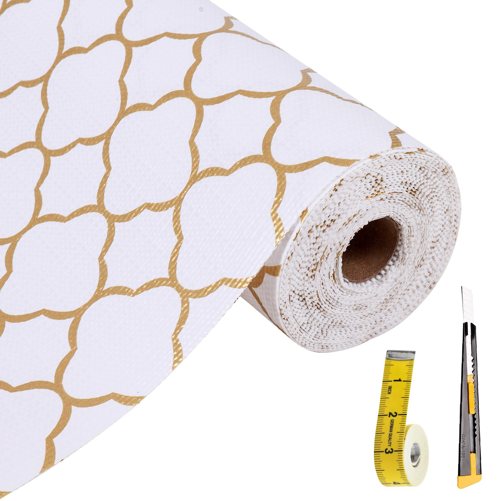 Gold Quatrefoil Non-Adhesive Kitchen Shelf Liners 12in x 20ft