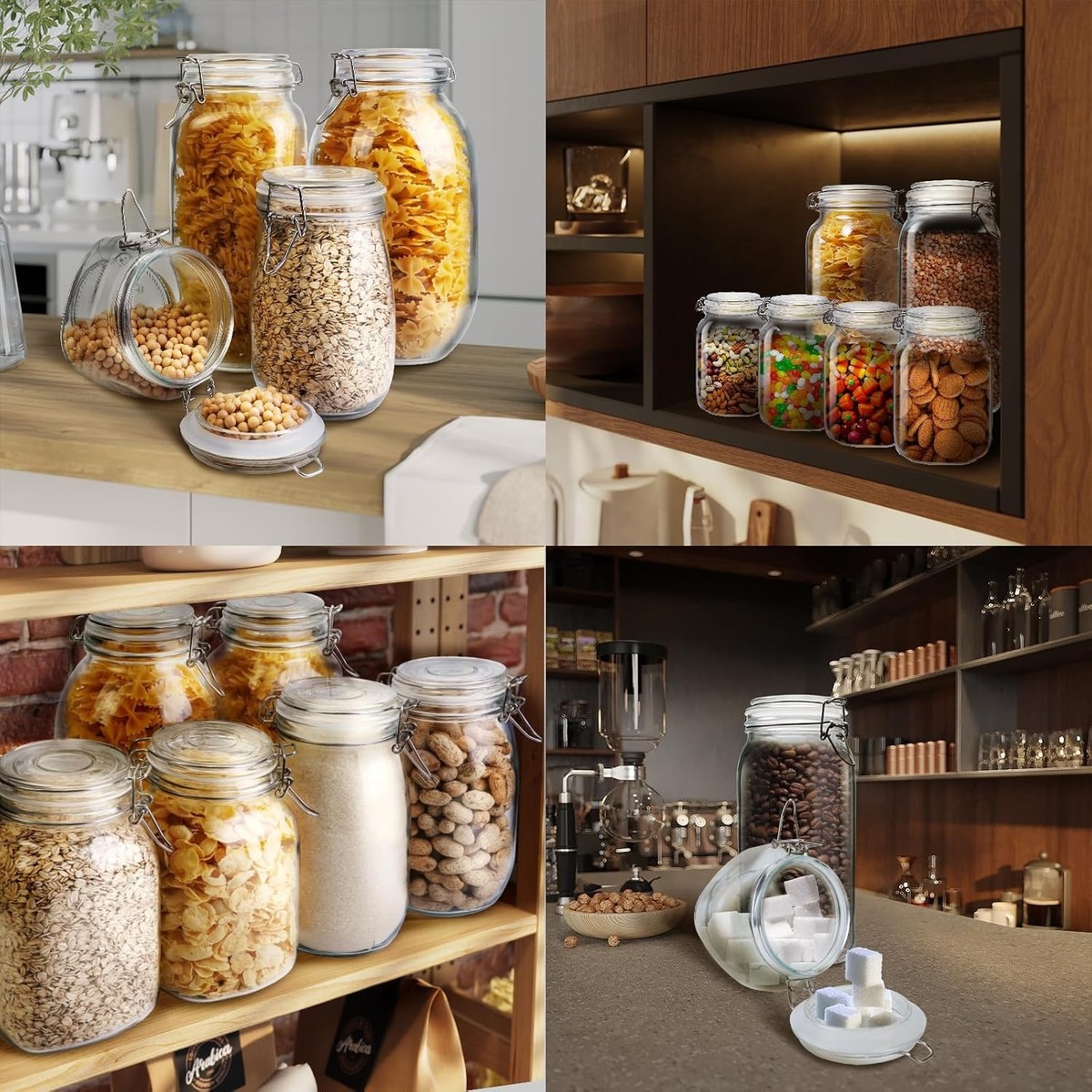 Multi Size 5 Pack Square Glass Jars W/ Airtight Lid Wide Mouth