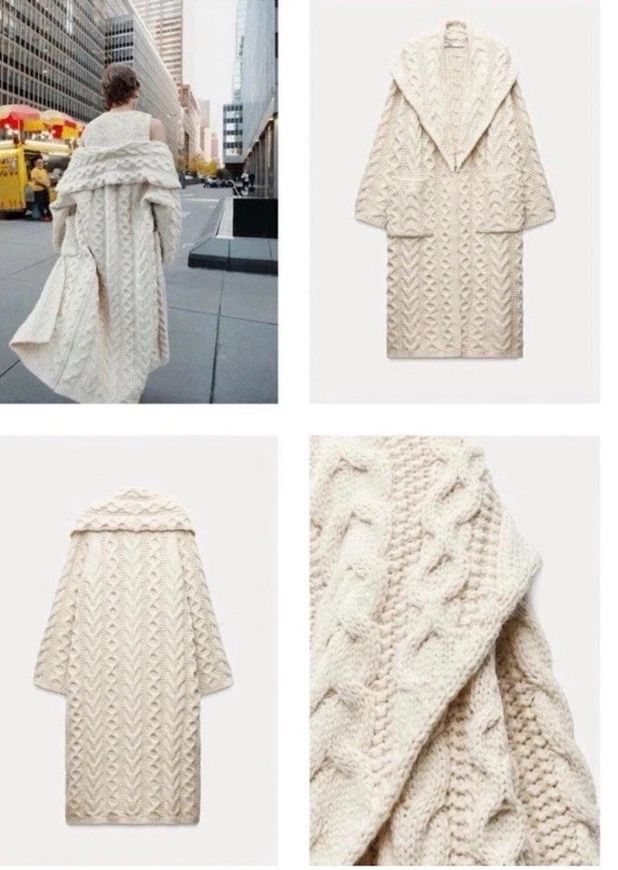 BNWT ZARA LONG CABLE-KNIT COAT ECRU NEW FW24/25 SIZE S REF. 3653/109 - Image 4 of 4