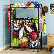 Garage Ball Storage Rack - Sports Equipment Organizer with Wheels, Rolling Sp...