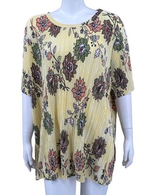 Jaclyn Smith Top Womens 2X Yellow Floral Pleated Short Sleeve Boho Mature Spring