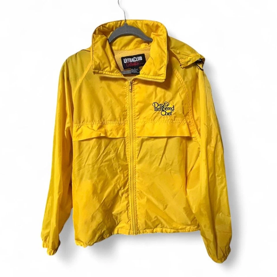 Vintage 90s pampered chef yellow windbreaker with roll-away concealed hood. - Image 2 of 4