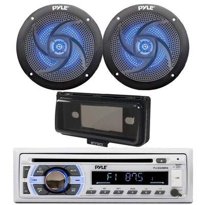Pyle Bluetooth CD Radio, 2x 4'' 100W Blue Flash LED Boat Speaker, Cover (Black)