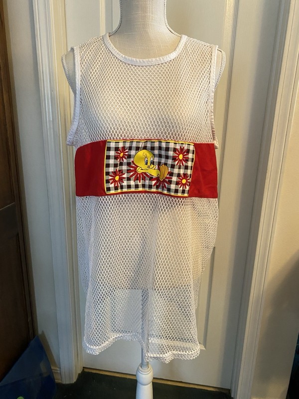 Vintage 1997 Looney Tunes Tweety Bird Mesh Swimsuit Beach Cover Up Shirt Tank