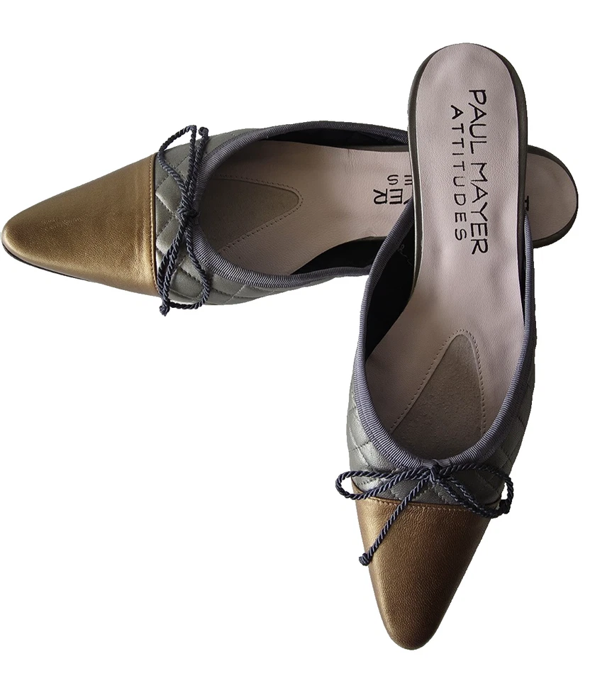 Paul Mayer Attitude Silver/Golvd Quilted Bowtie Mule Loafer Slip On Flat 8.5B - Image 3 of 4