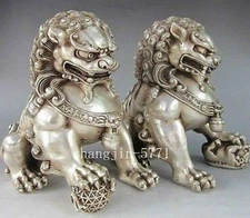 Rare Chinese Silver Guardian Lion Foo Fu Dog Statue Pair