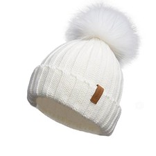 Womens Knit Beanies Hats with Fur Pom Bobble Hat Skull Cream White Pompom
