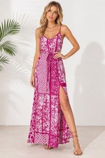 Michael Kors Maxi Dress Hot Pink Print High Front Slit Spagetti Strap Size XXS