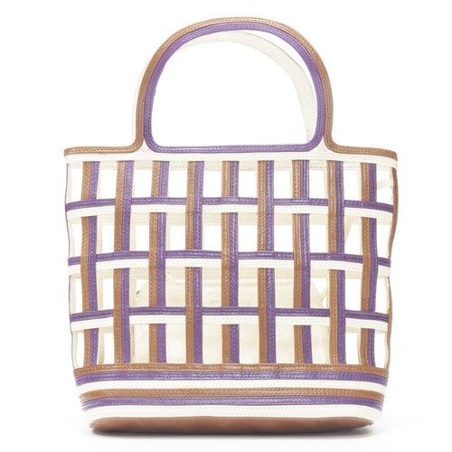 vintage PRADA purple brown cream lattice open weave mini top handle bag