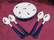 Set of 10 BAGATELLE enameled ANT decorated 10.25" plates & 4 large spoons