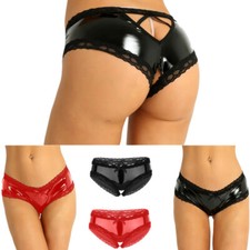 Womens Wet Look Lace Panties Briefs Cutout PVC Leather Bikini Briefs Lingerie