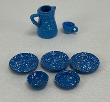 Vintage Dollhouse Die Cast Lot Of 7 Stovetop Kitchen Utensils Blue White Metal