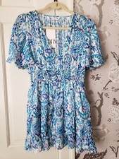 ZARA Blue Printed Metallic Thread Smocked Waist Mini Ruffle Dress Size M New