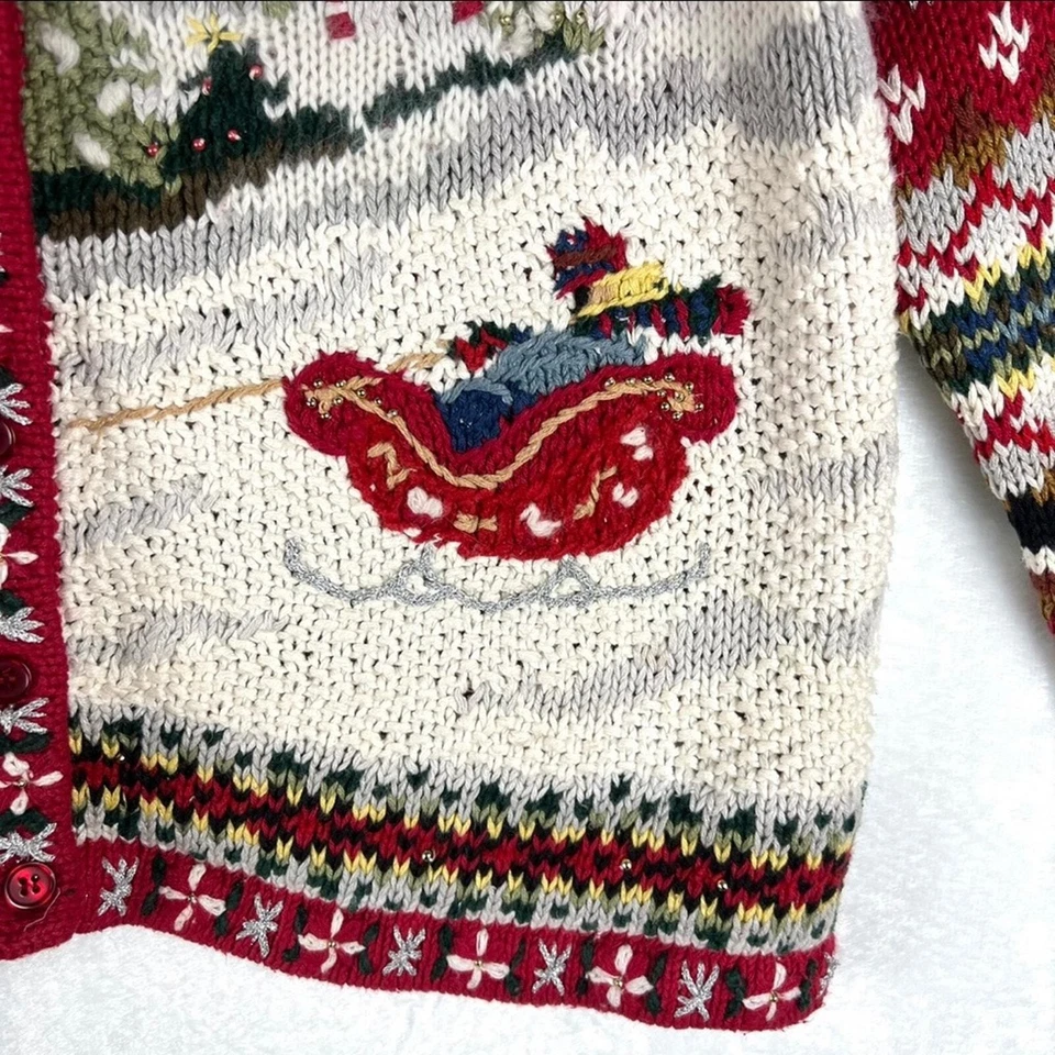 Cardigã suéter vintage ponto de referência Natal inverno trenó neve sinos pequeno P - Imagem 4 de 4