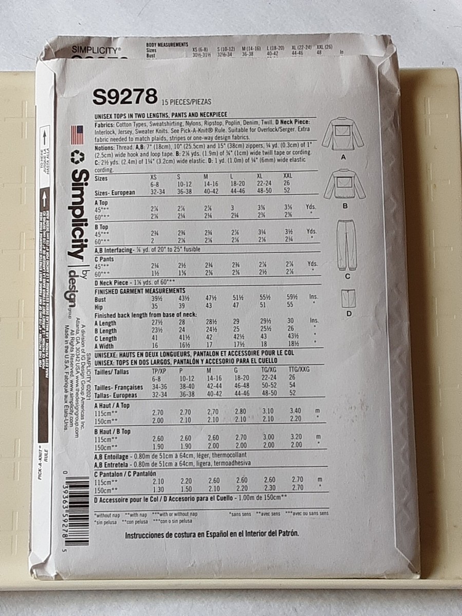 Simplicity 9278 sz XS M unisex 1/4 zip shirt elastic waistpants