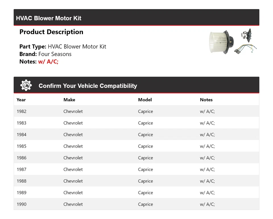 For 1982-1990 Chevrolet Caprice HVAC Blower Motor Kit 4 Seasons 1983 1984 1985 - Image 2 of 3