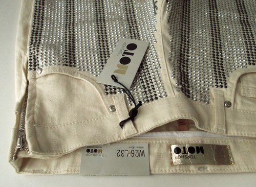 NEW VINTAGE TOPSHOP MOTO Cream Jeans Silver/Black Rhinestud Stripes Size 8 L30