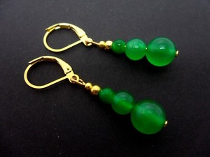 Authentic A PAIR OF GREEN JADE BEAD GOLD PLATED DANGLY LEVERBACK HOOK EARRINGS. .