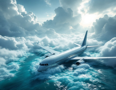 A Plane Flying as Sea and Sky Merge with Clouds and Waves Poster Print 18 x 24