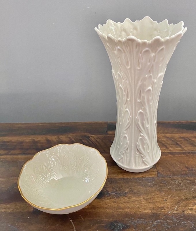 Vintage Lenox 8 1/2" Woodland Vase & 4 1/2" Gold Rimmed Nut/Candy Dish